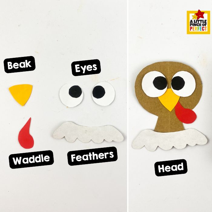 gluing the turkey body, head, and wings onto the paper plate with tissue paper feathers.