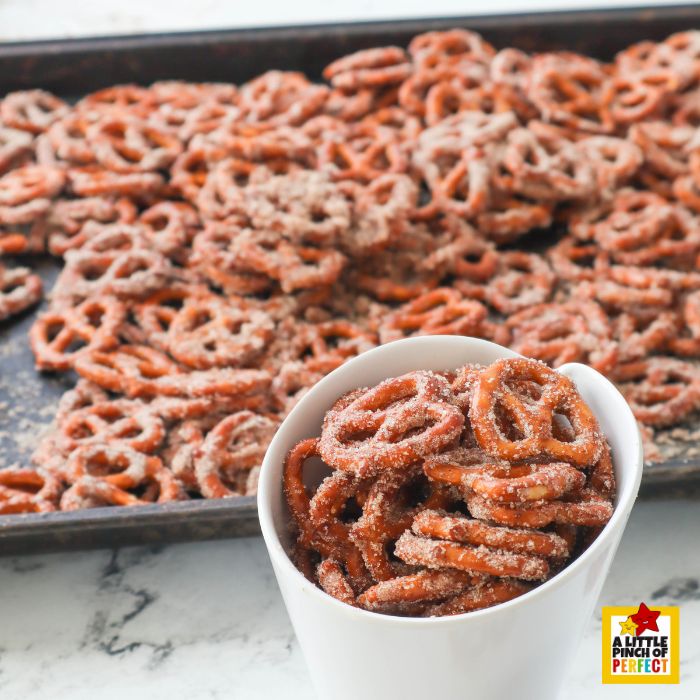Baked cinnamon sugar pretzels with a golden cinnamon sugar coating