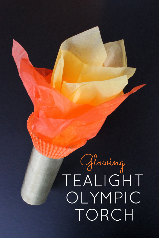 Olympic Activities for Kids: Glowing Olympic torch craft made with a cupcake liner and cardboard tube