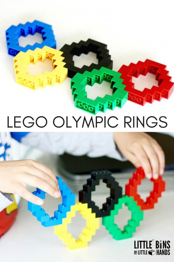 Olympic Activities for Kids: LEGO Olympic rings built with basic bricks
