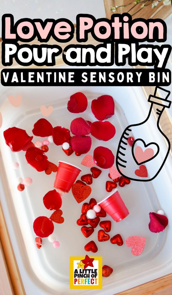 Love Potion Pour & Play Valentine Sensory Bin arranged as a Valentine sensory center for preschoolers