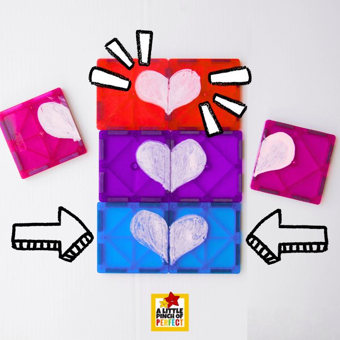 Magnet Tile Color-Matching Heart Puzzles (Easy Learning Activity for Kids) &ndash; magnetic tiles arranged into heart puzzle pairs