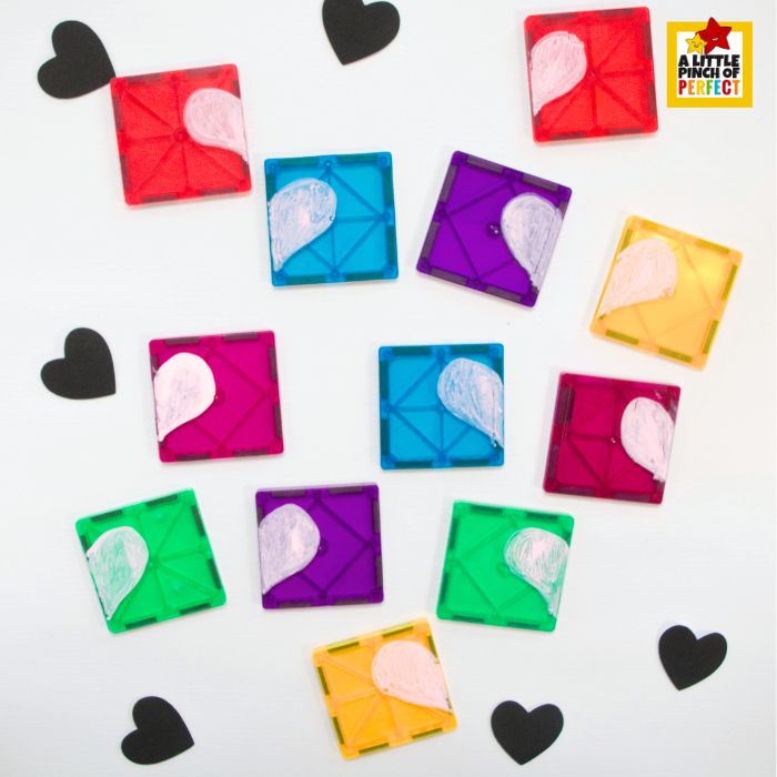 Magnet Tile Color-Matching Heart Puzzles (Easy Learning Activity for Kids) &ndash; DIY magnet tile heart puzzle setup before play