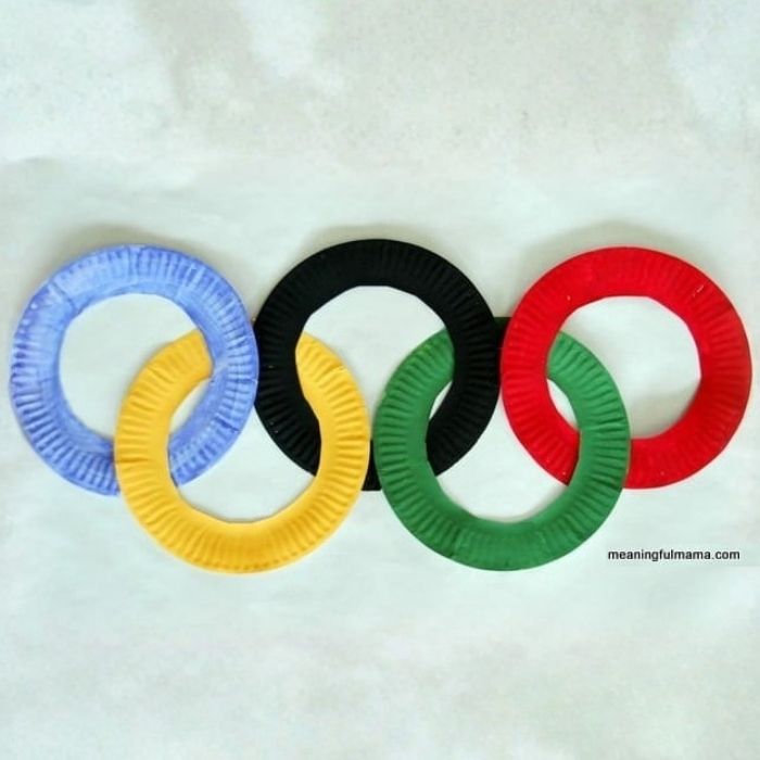Olympic Activities for Kids: Paper plate Olympic rings craft painted in the five Olympic colors