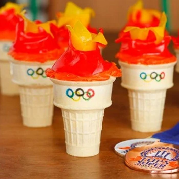Olympic Activities for Kids: Olympic torch ice cream cone cupcakes