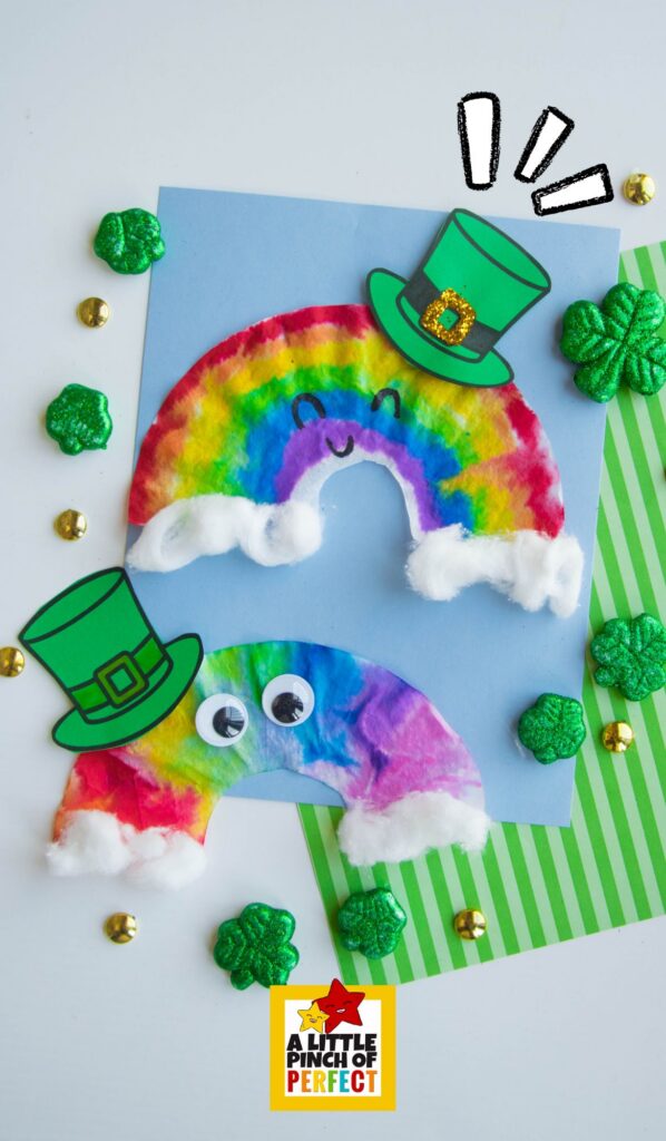 Coffee Filter Rainbow Leprechaun Craft for St. Patrick&rsquo;s Day (+ Hat Template) with cotton ball clouds and colorful rainbow