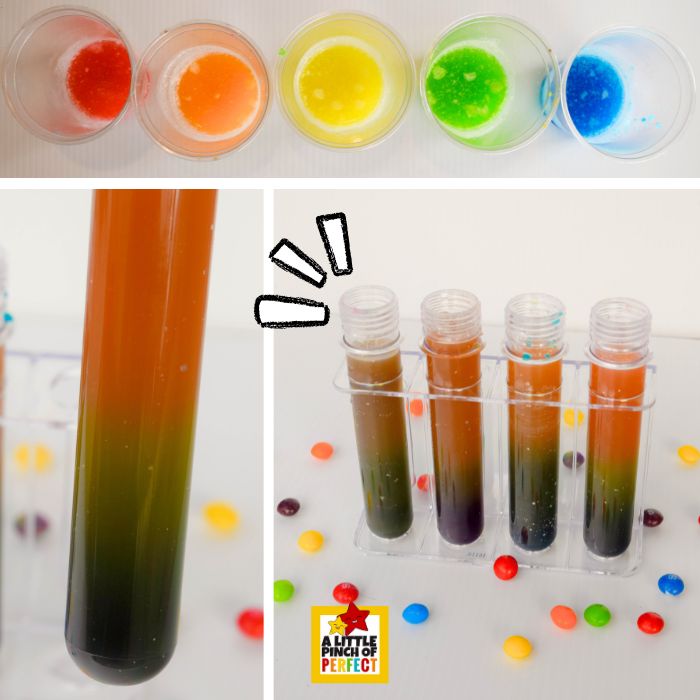 Rainbow Density Experiment &ndash; Sweet STEM Learning Final layered rainbow formed by dissolving Skittles in water to create liquids with different densities.