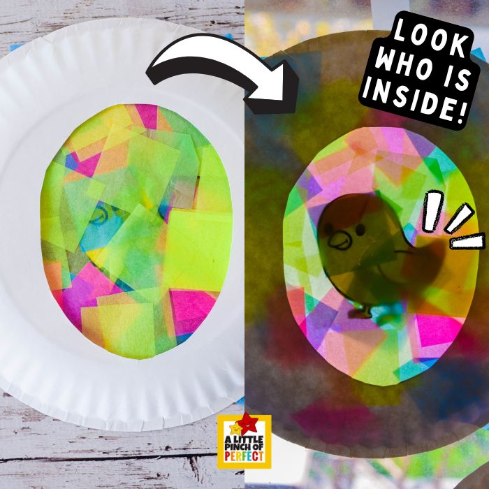 What’s Inside the Easter Egg? Easter Egg Suncatcher Craft for Kids (Free Template) – holding suncatcher up to sunlight to reveal hidden animal inside egg