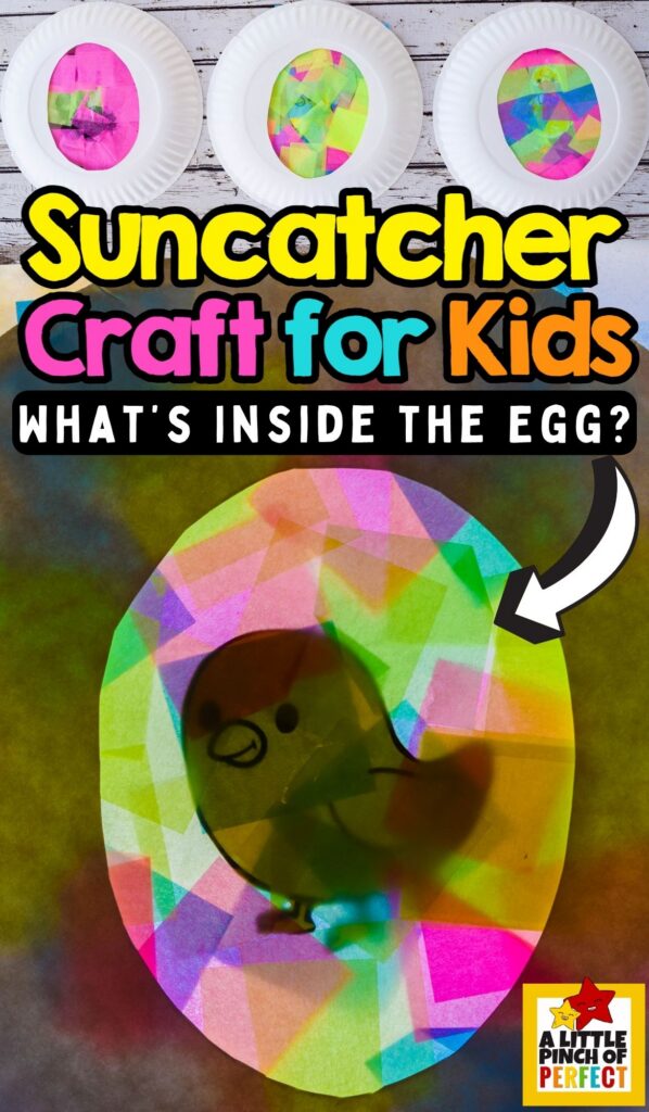What’s Inside the Easter Egg? Easter Egg Suncatcher Craft for Kids (Free Template) – bright Easter egg craft for kids with tissue paper mosaic and glowing window display