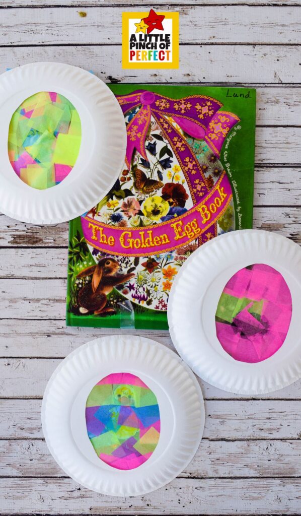 What’s Inside the Easter Egg? Easter Egg Suncatcher Craft for Kids (Free Template) – simple spring craft using tissue paper and paper plates with a colorful stained glass effect