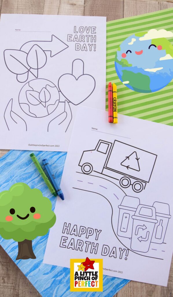 Earth Day Coloring Pages for Kids: Free Printable Activity &ndash; collage of printable pages including a recycling truck, hands holding the Earth, heart-shaped Earth, and a &ldquo;Speak for the Earth&rdquo; design for kids