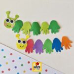 Handprint Caterpillar Craft for Kids (Free Template) – printable caterpillar craft template with head, antennae, cheek pieces, and handprint outlines for kids craft time.