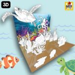 Coral Reef Diorama Craft for Kids (Free Printable) complete ocean printable set with coral reef background, sandy floor, sea creatures, coral, shells, and seaweed for a fun summer ocean craft for kids.