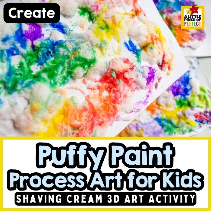 Turn shaving cream and glue into colorful 3D artwork! This easy puffy paint process art activity lets kids explore color mixing, texture, and creativity while making unique raised masterpieces. Perfect for preschool, kindergarten, elementary art, homeschool, and sensory play. #processart #kidscrafts #artforkids #puffypaint