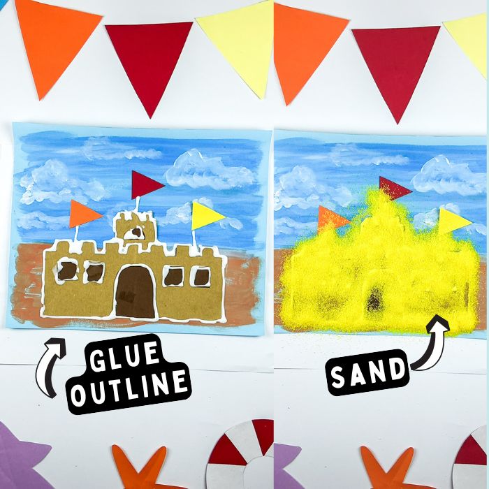 Sandcastle Art Project for Kids &ndash; Beach-inspired craft featuring a paper sandcastle, waving flags, and sparkling colored craft sand.