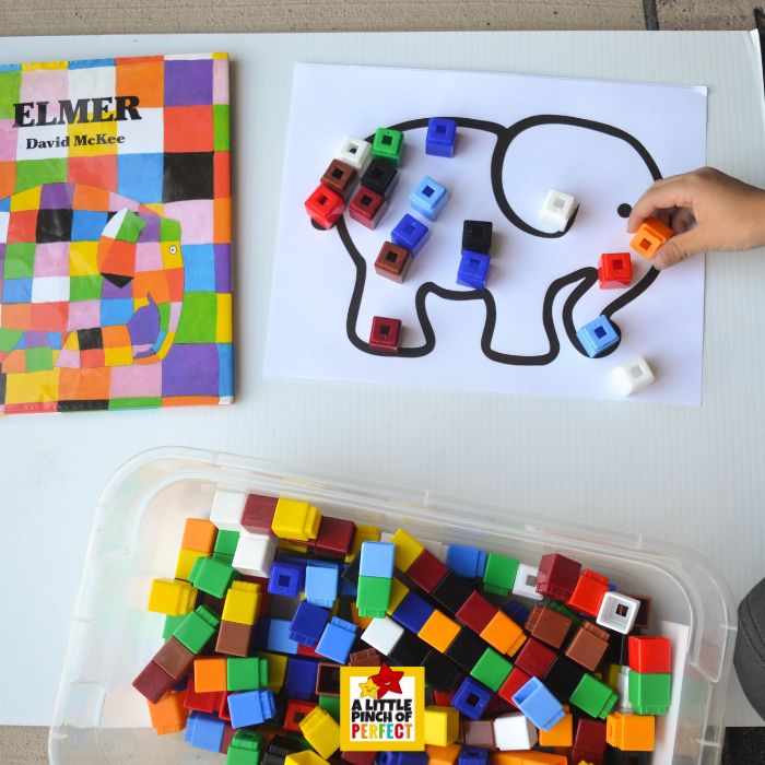 Elmer the Elephant Fine Motor Activity: Patchwork Cube Building (Free Printable) &ndash; Build a colorful patchwork elephant with unifix cubes! This easy printable activity helps kids practice fine motor skills, color recognition, and patterns after reading Elmer the Elephant.