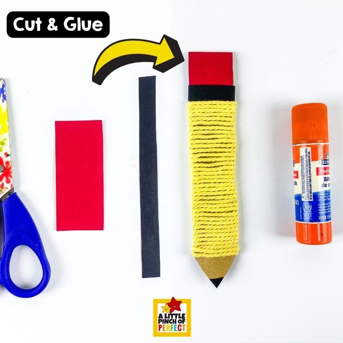 Yarn Wrapped Pencil Craft for Kids &ndash; Assemble the cardstock pencil pieces before adding the yarn in this simple back-to-school craft for preschool and elementary kids.
