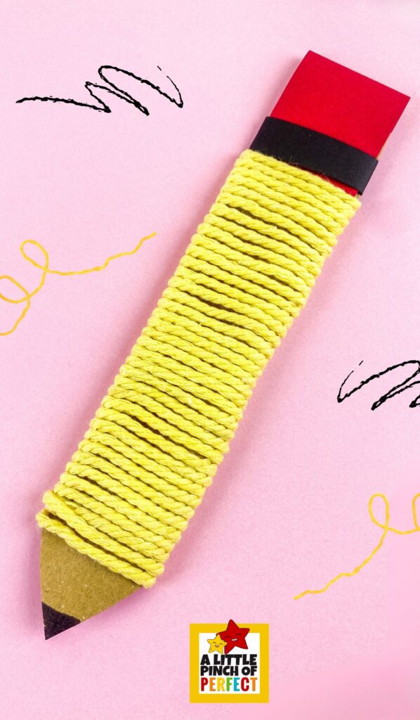 Yarn Wrapped Pencil Craft for Kids + Template &ndash; Easy back-to-school craft made with yarn and cardstock. This simple printable pencil craft is perfect for classrooms, homeschool, and fine motor practice.
