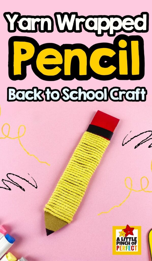 Yarn Wrapped Pencil Craft for Kids + Free Template &ndash; Bright yarn-wrapped pencil craft displayed with yarn, cardstock, and scissors. A creative back-to-school activity that kids can customize with their favorite colors.