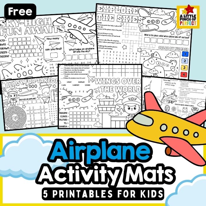 Airplane Activity Mats for Kids &ndash; Looking for a fun way to keep kids entertained on your next flight? These printable airplane activity mats include coloring, mazes, word searches, tic-tac-toe, word scrambles, and more!
