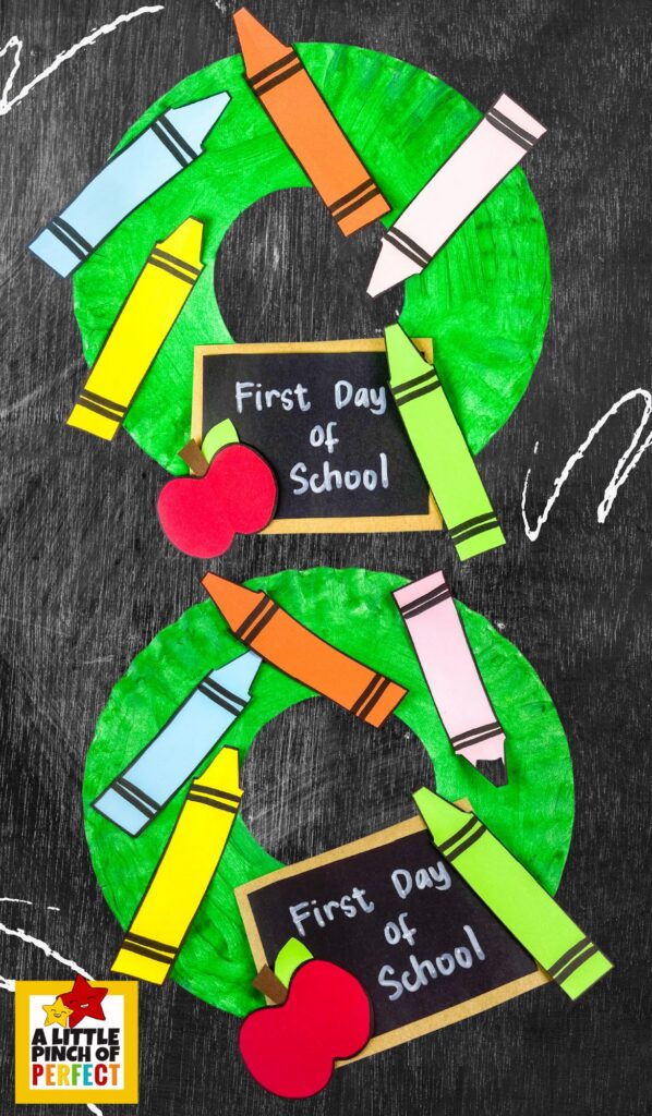 Back to School Paper Plate Crayon Wreath Craft and Template &ndash; A bright and cheerful paper plate wreath made with colorful crayons, perfect for preschool, kindergarten, and elementary kids.