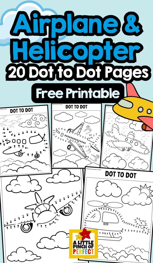 Free Airplane & Helicopter Dot-to-Dot Printables &ndash; make math practice fun with transportation-themed connect-the-dot activities for kids.
