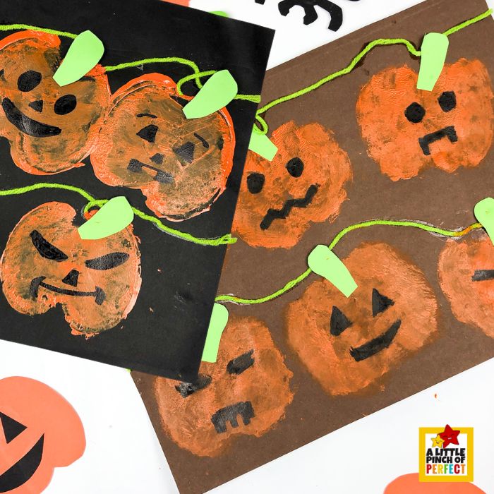 Create a fun jack-o’-lantern pumpkin patch using apple stamping! This easy Halloween craft for kids is perfect for preschool, kindergarten, and fall fun.