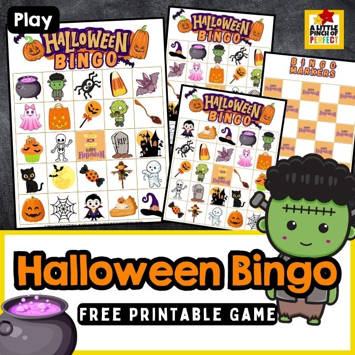 Halloween Bingo Game free printable &mdash; the perfect Halloween party activity for kids, featuring cute cartoon Halloween icons, a Frankenstein character, and a spooky cauldron on colorful bingo cards you can print right at home for classroom parties or family game night.