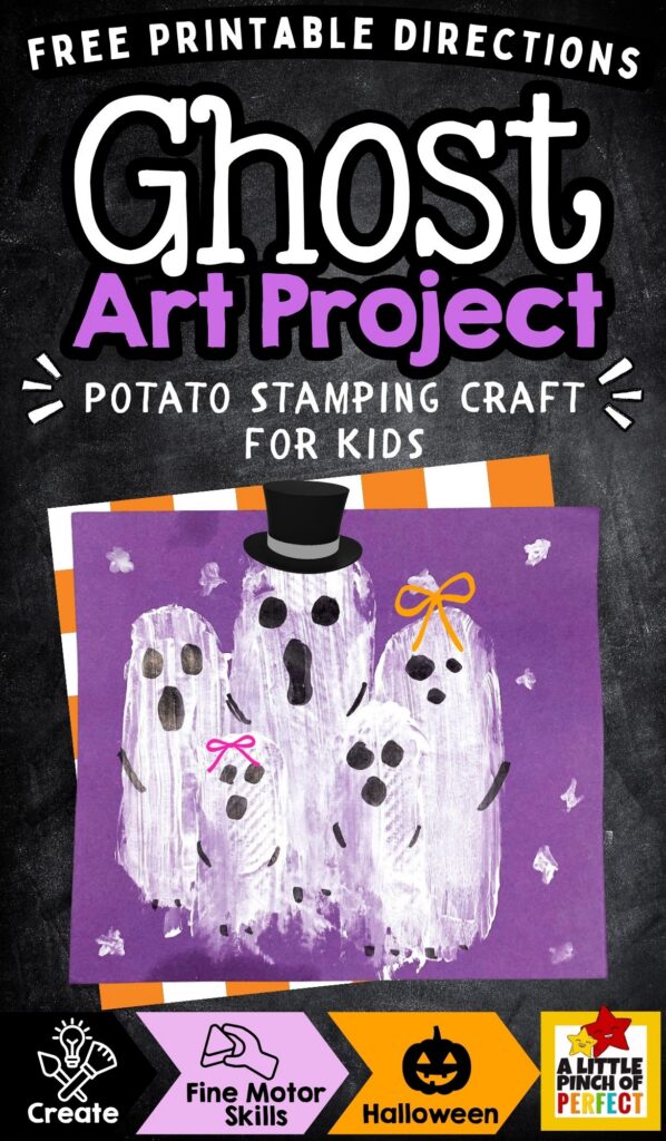 Looking for an easy Halloween art activity for kids? This potato print ghost family craft is simple to prep and fun for preschool and elementary students. Kids can use potato stamping to create their own family of friendly ghosts!