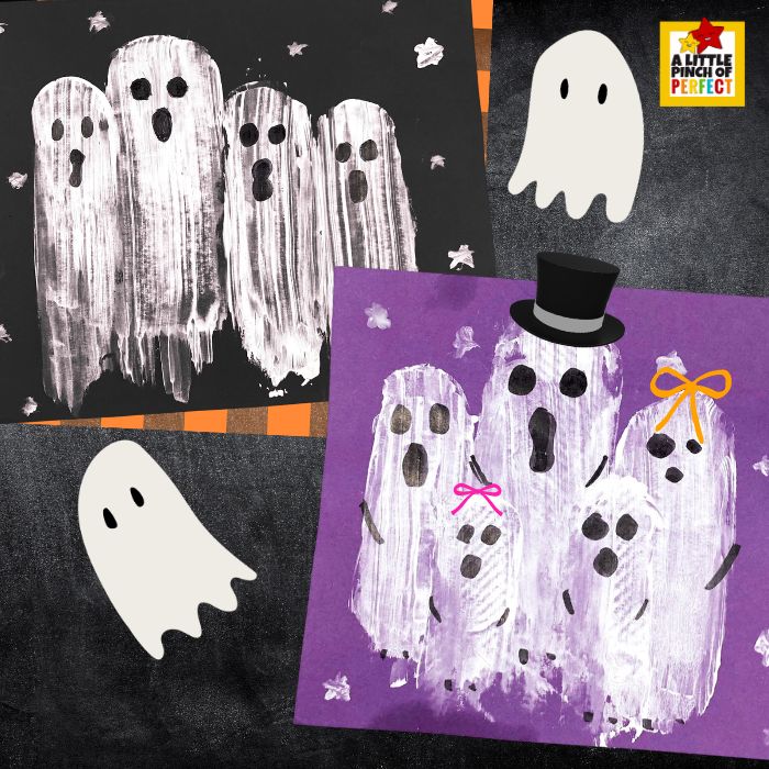 This potato print ghost craft is an easy Halloween activity for kids! Create a cute ghost family using potato stamping, paint, and paper. Perfect for preschool Halloween crafts, kindergarten art projects, classroom activities, homeschool, and Halloween fun at home.