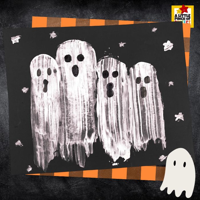 Meet the cutest ghost family! 👻👻👻 This easy potato print Halloween craft lets kids stamp, paint, and create their own family of friendly ghosts. A fun process-art activity for Halloween that kids can make their own.