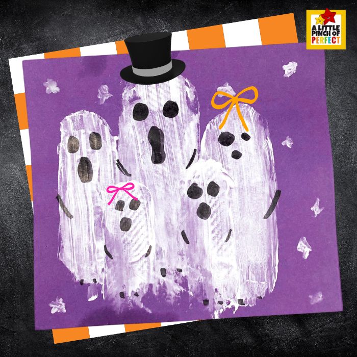 Add this potato print ghost family to your Halloween classroom activities! Kids can use a potato to stamp simple ghost shapes, then turn their prints into a unique family of friendly ghosts. An easy Halloween art project for preschool and elementary students.