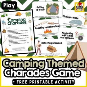 Free Printable Camping Charades Game for Kids — This fun camping charades printable includes 40 camping-themed charade cards for kids to act out during family camping trips, campfire nights, summer camp, scouts, parties, or indoor camping fun. Easy screen-free activity kids love!