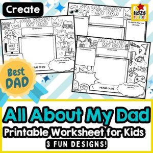 All About My Dad Printable Worksheet Father’s Day activity page for kids with writing prompts like “I love Dad because” and space to draw a picture of Dad