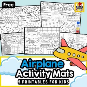 Airplane Activity Mats for Kids – Looking for a fun way to keep kids entertained on your next flight? These printable airplane activity mats include coloring, mazes, word searches, tic-tac-toe, word scrambles, and more!