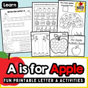 A is for Apple Fun Letter A Activities & Learning Worksheets — the perfect printable activity pack for preschool and kindergarten kids learning the alphabet, featuring 18 pages of apple-themed letter tracing, number recognition, fine motor skills, and brain games great for homeschool, classrooms, or quiet time at home.