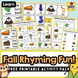 Fall Rhyming Printable Pack free — the perfect addition to your fall homeschool or preschool classroom, this free 10-page activity pack from A Little Pinch of Perfect covers rhyming puzzles, clip cards, cut-and-paste sheets, and more autumn-themed worksheets to make early literacy fun all season long.