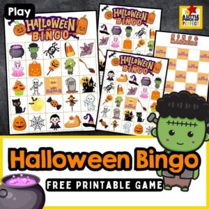Halloween Bingo Game free printable — the perfect Halloween party activity for kids, featuring cute cartoon Halloween icons, a Frankenstein character, and a spooky cauldron on colorful bingo cards you can print right at home for classroom parties or family game night.