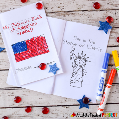 Learning Patriotic Symbols Free Printable Book: Includes the American Flag, Statue of Liberty, Liberty Bell, Washington Monument, Bald Eagle, and more patriotic symbols for kids to color, read, and learn about. (4th of July, American History)